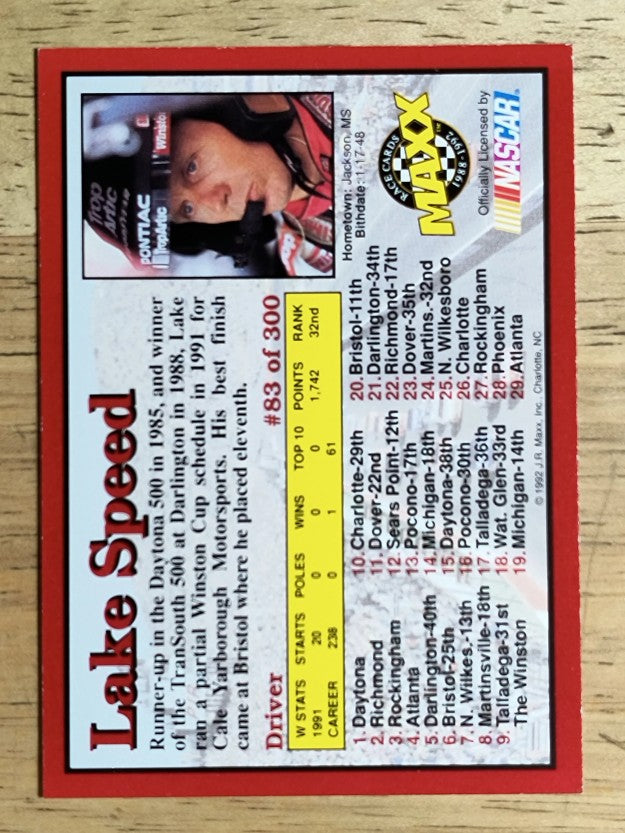 1992 Maxx Red #83 Lake Speed