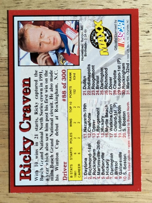 1992 Maxx Red #88 Ricky Craven RC