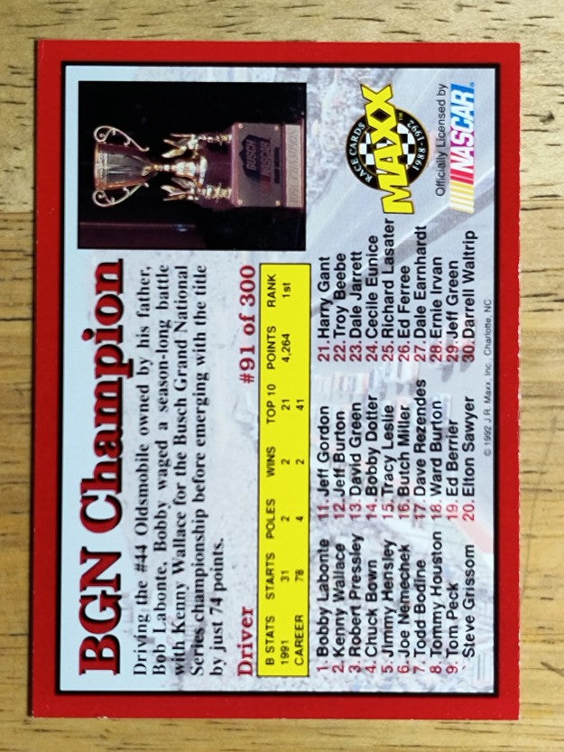 1992 Maxx Red #91 Bobby Labonte/BGN Champ