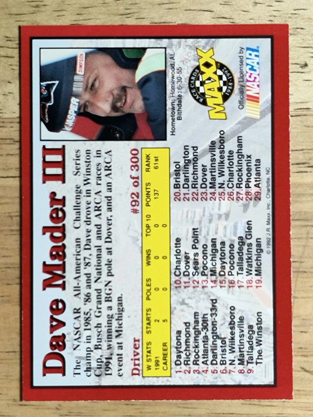 1992 Maxx Red #92 Dave Mader