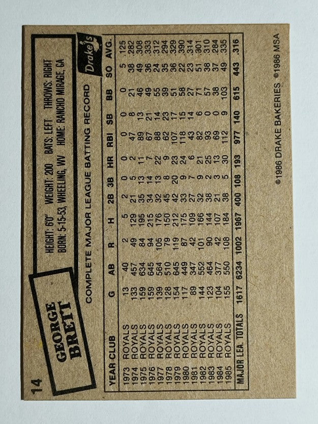 1986 Drake's #14 George Brett CCJ