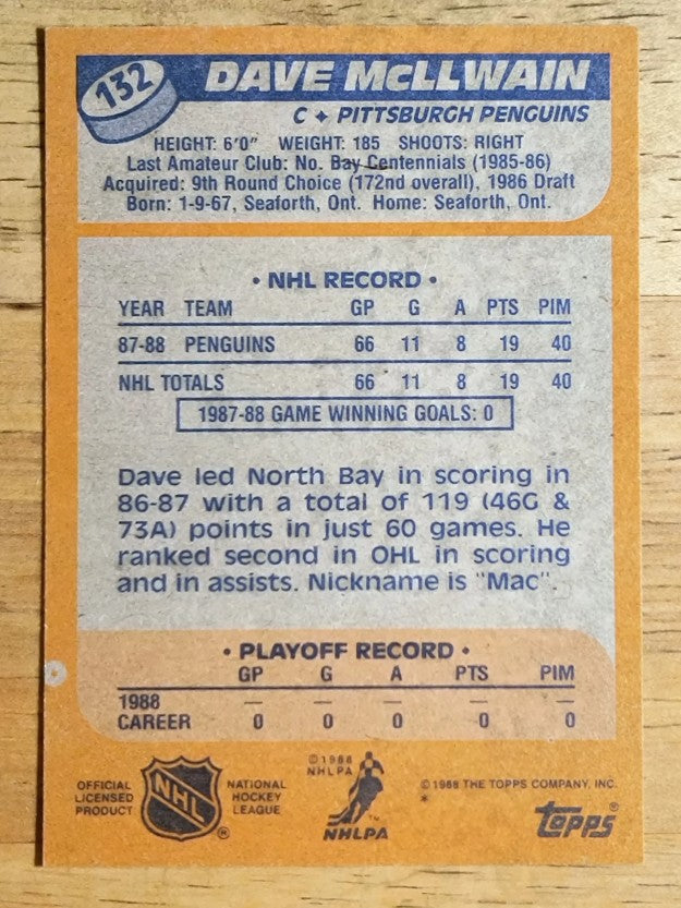 1988-89 Topps #132 Dave McLlwain RC