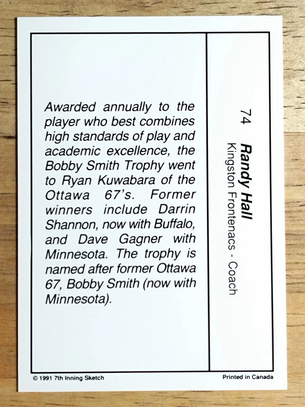 1990-91 7th Inning Sketch OHL #74 Randy Hall CO