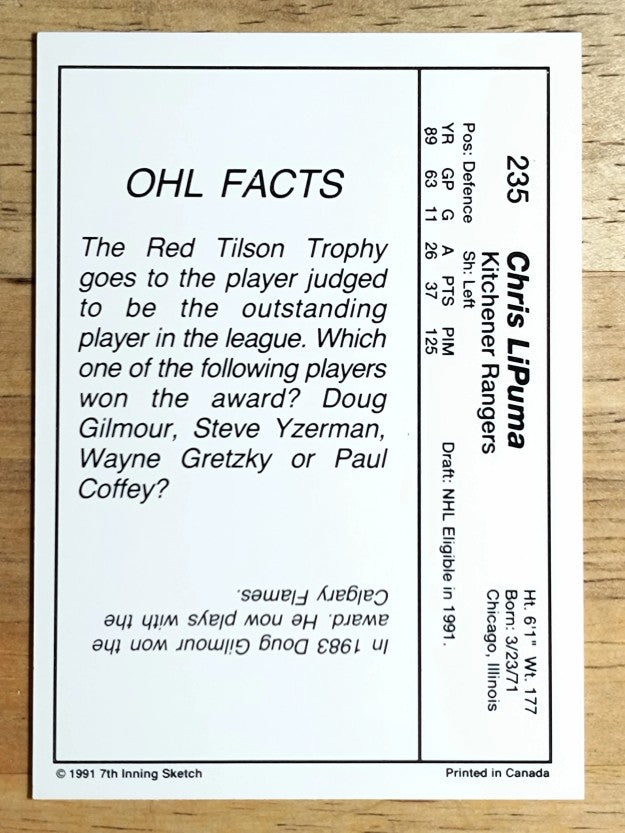 1990-91 7th Inning Sketch OHL #235 Chris LiPuma