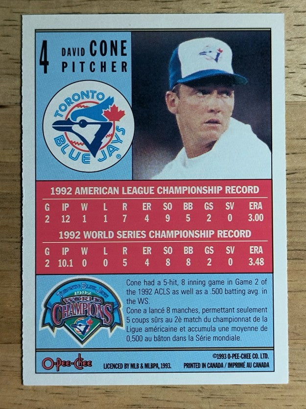 1993 O-Pee-Chee World Champions #4 David Cone