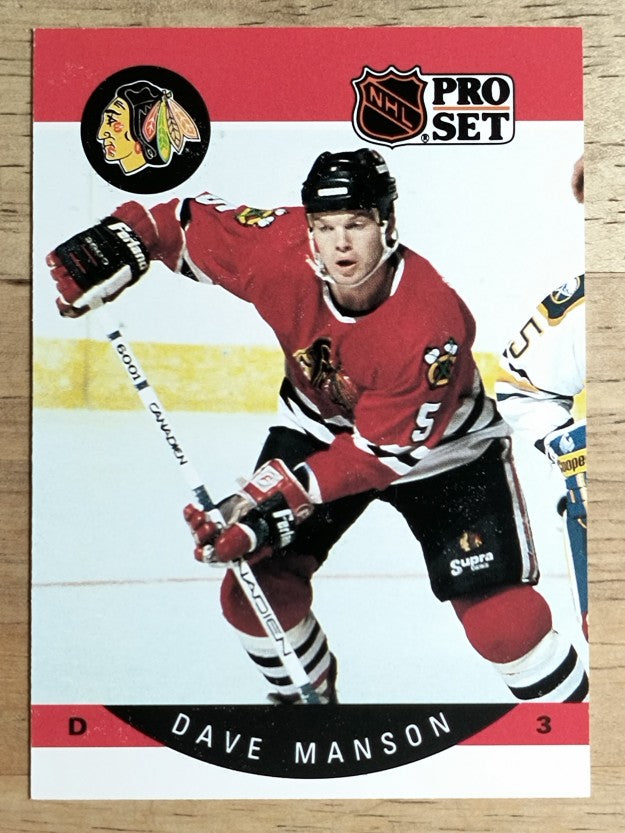 1990-91 Pro Set #54A Dave Manson ERR stick blade down on ice