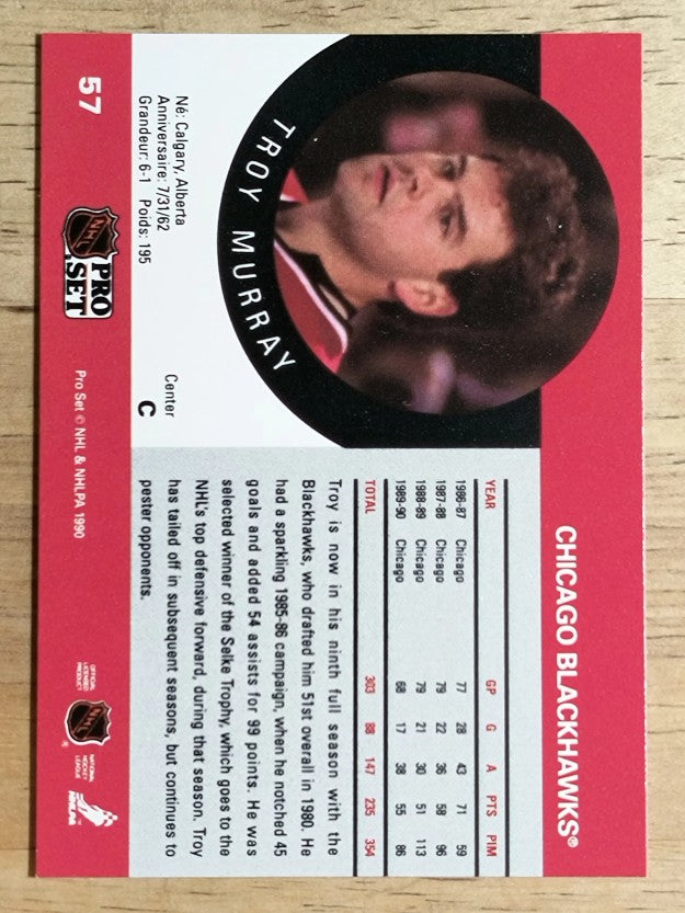 1990-91 Pro Set #57A Troy Murray/Position and sweater number are white