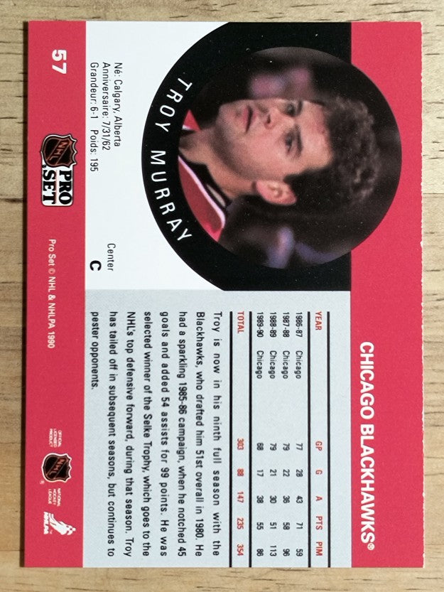 1990-91 Pro Set #57A Troy Murray/Position and sweater number are white