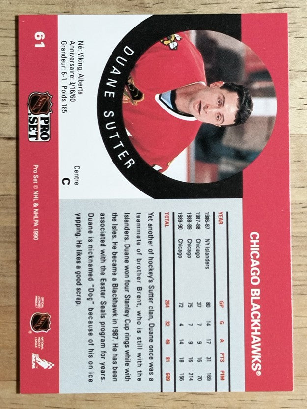 1990-91 Pro Set #61A Duane Sutter ERR/Missing Retired logo