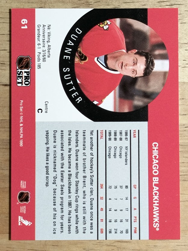 1990-91 Pro Set #61A Duane Sutter ERR/Missing Retired logo