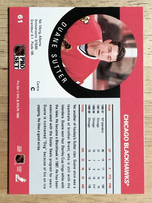 1990-91 Pro Set #61A Duane Sutter ERR/Missing Retired logo