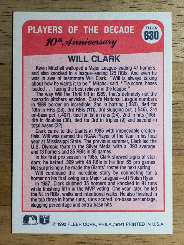 1990 Fleer #630A Will Clark '89 ERR/32 total bases on card back