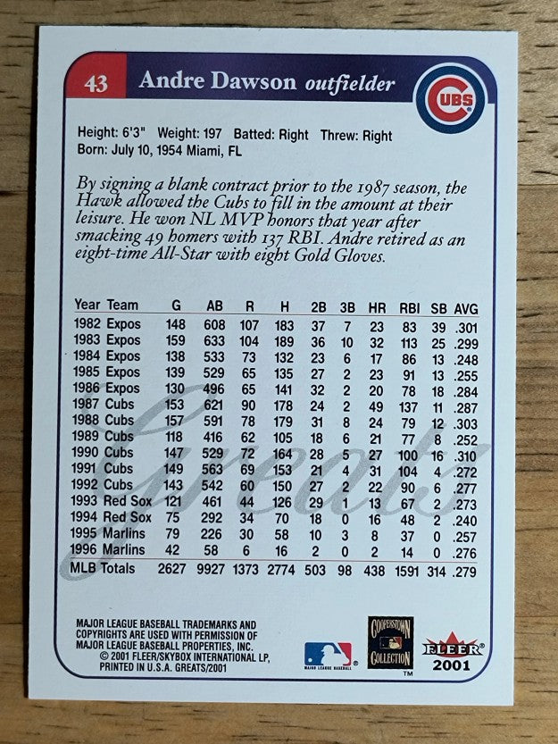 2001 Greats of the Game #43 Andre Dawson