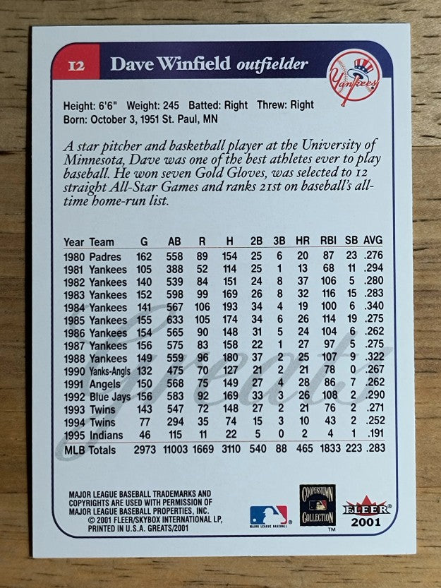 2001 Greats of the Game #12 Dave Winfield