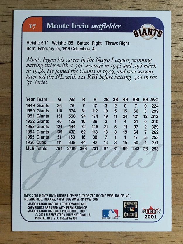 2001 Greats of the Game #17 Monte Irvin