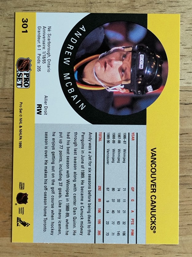 1990-91 Pro Set #301A Andrew McBain ERR/Back photo Jim Sandlak