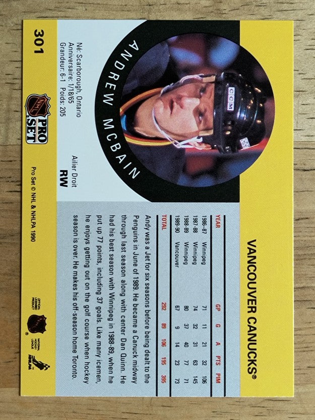 1990-91 Pro Set #301A Andrew McBain ERR/Back photo Jim Sandlak