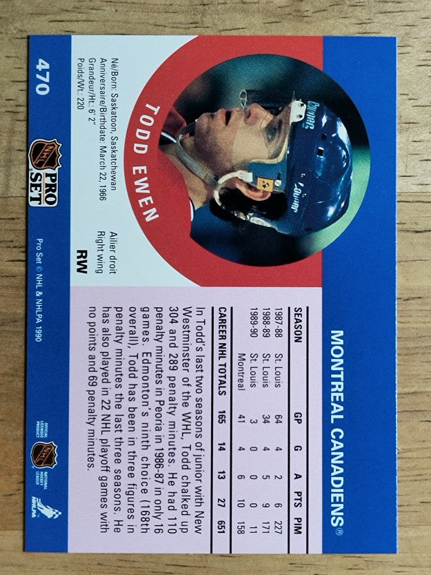 1990-91 Pro Set #470A Todd Ewen ERR RC/Photo on back Eric Desjardins