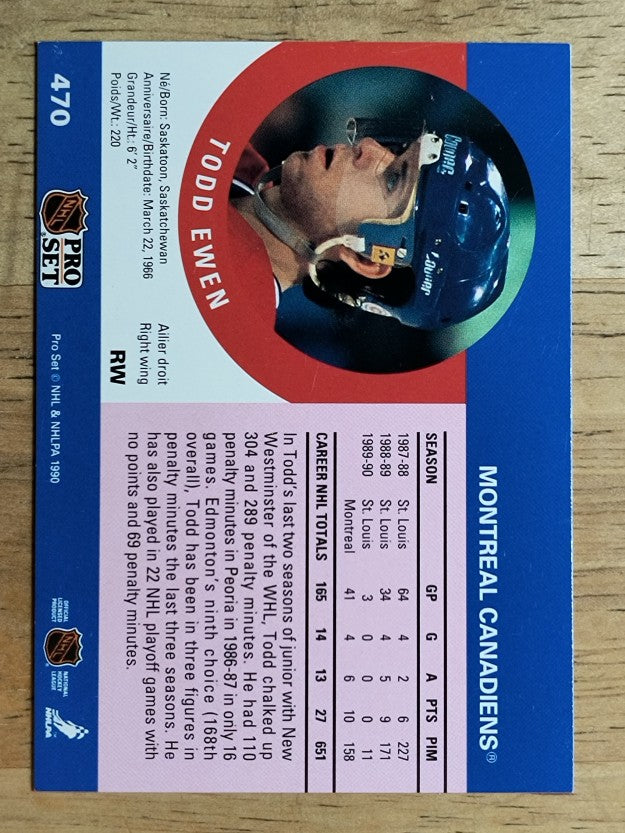 1990-91 Pro Set #470A Todd Ewen ERR RC/Photo on back Eric Desjardins