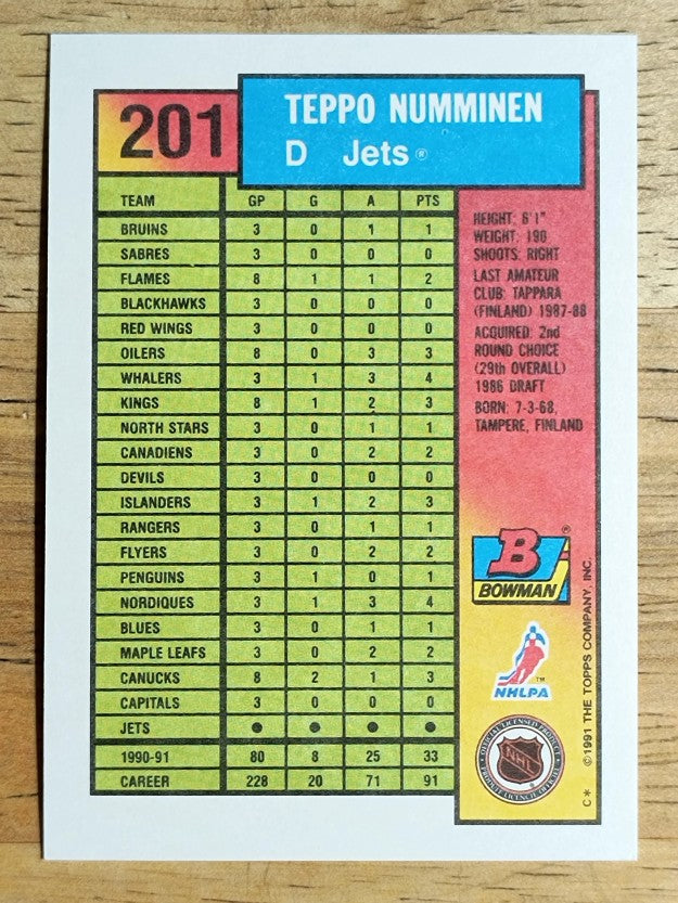 1991-92 Bowman #201 Teppo Numminen