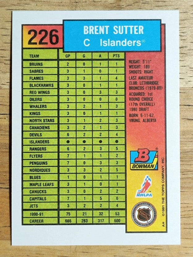 1991-92 Bowman #226 Brent Sutter