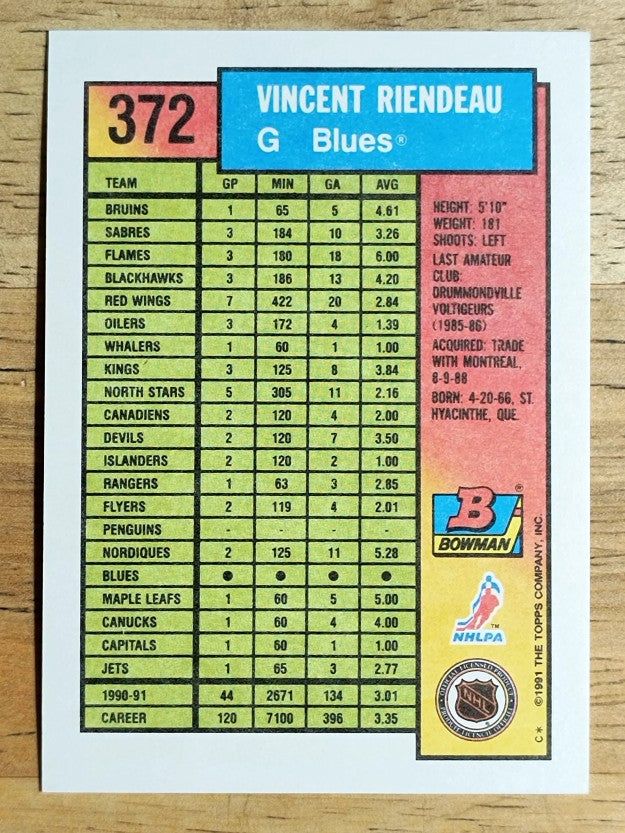 1991-92 Bowman #372 Vincent Riendeau