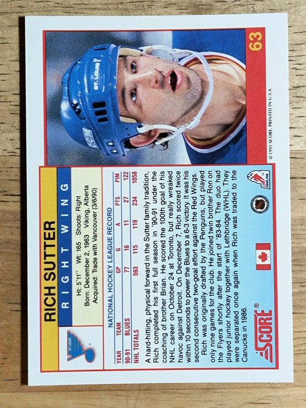 1991-92 Score Canadian English #63 Rich Sutter