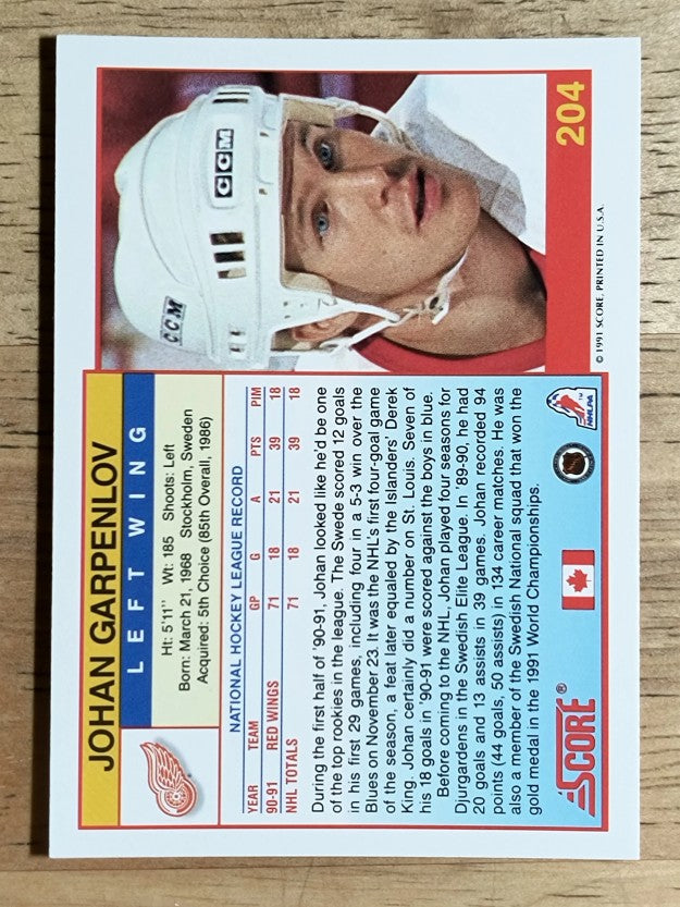 1991-92 Score Canadian English #204 Johan Garpenlov