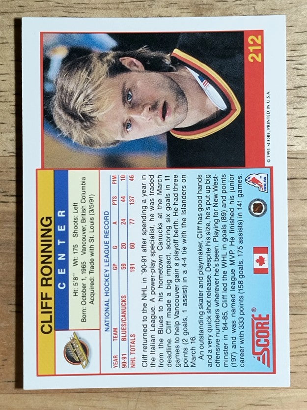 1991-92 Score Canadian English #212 Cliff Ronning