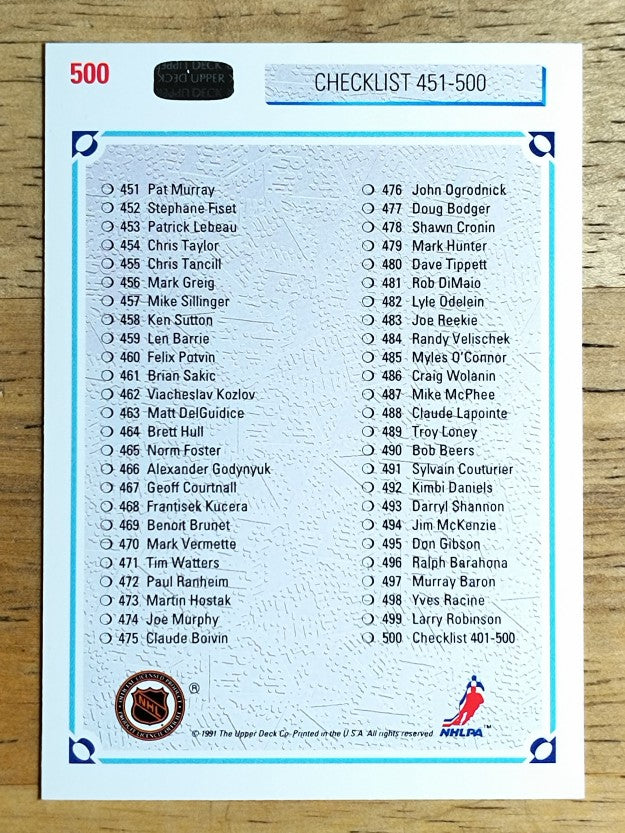 1991-92 Upper Deck #500 Checklist 401-500