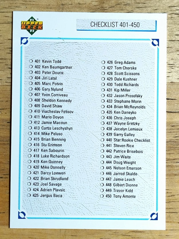 1991-92 Upper Deck #500 Checklist 401-500