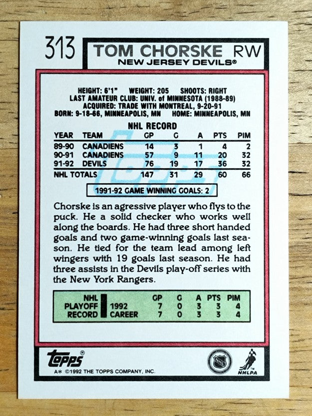 1992-93 Topps #313 Tom Chorske