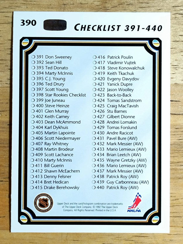 1992-93 Upper Deck #390 Checklist 391-440
