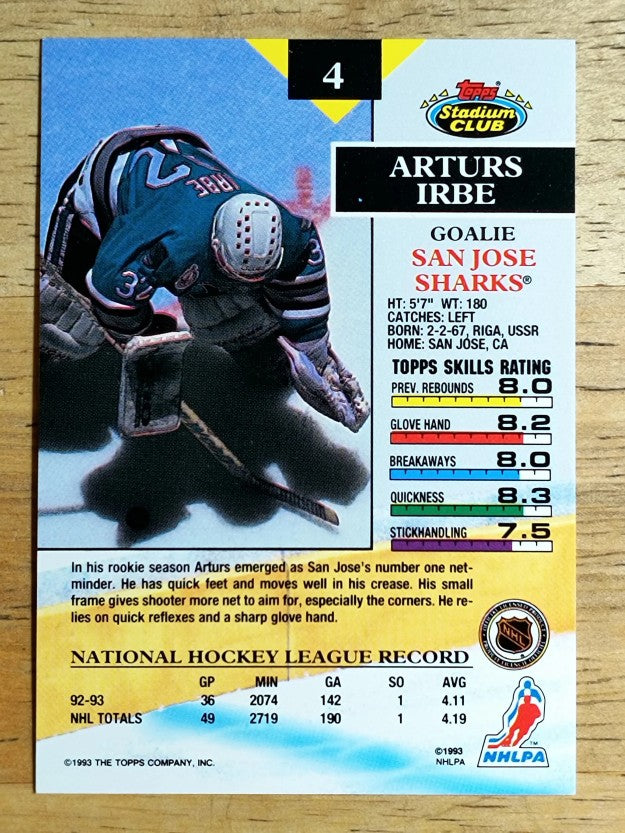 1993-94 Stadium Club #4 Arturs Irbe
