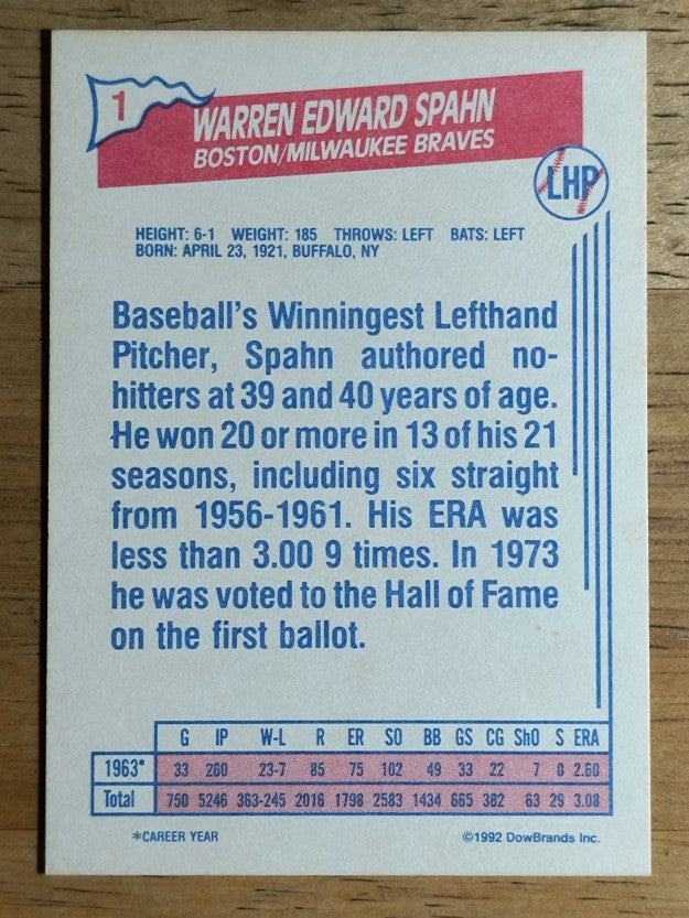1992 Ziploc #1 Warren Spahn