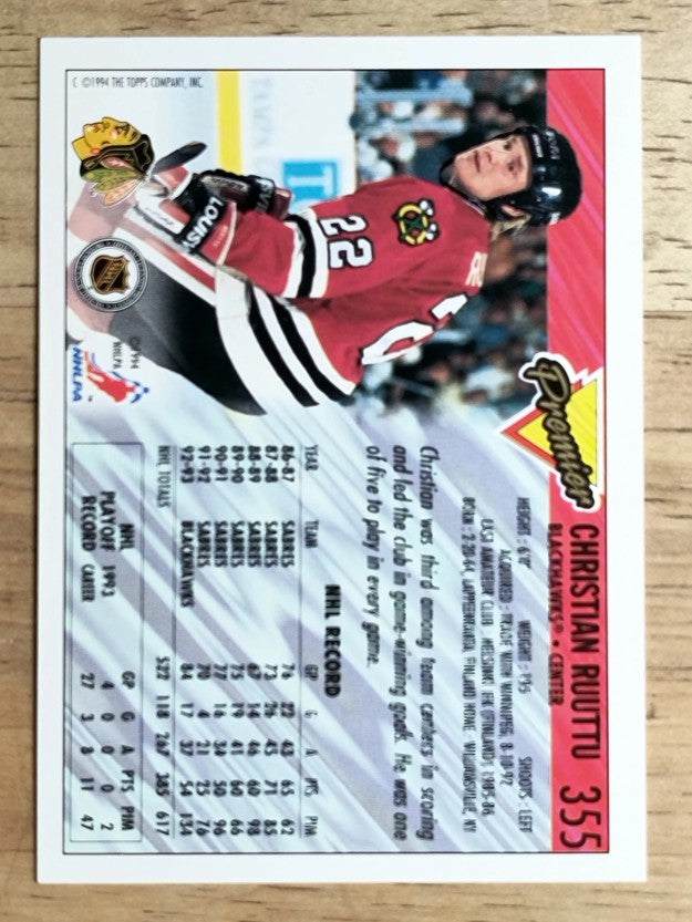 1993-94 Topps Premier #355 Christian Ruuttu