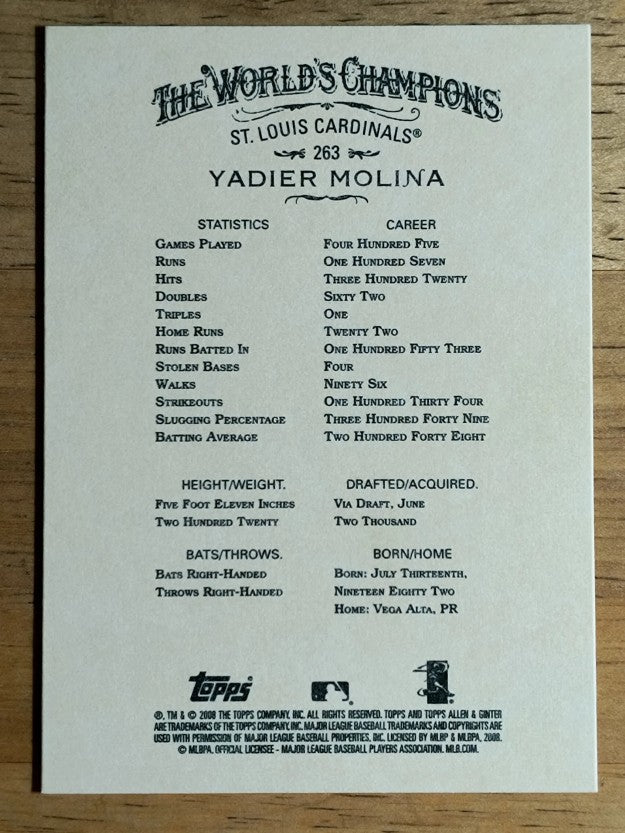 2008 Topps Allen and Ginter #263 Yadier Molina