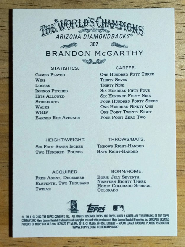 2013 Topps Allen and Ginter #302 Brandon McCarthy SP