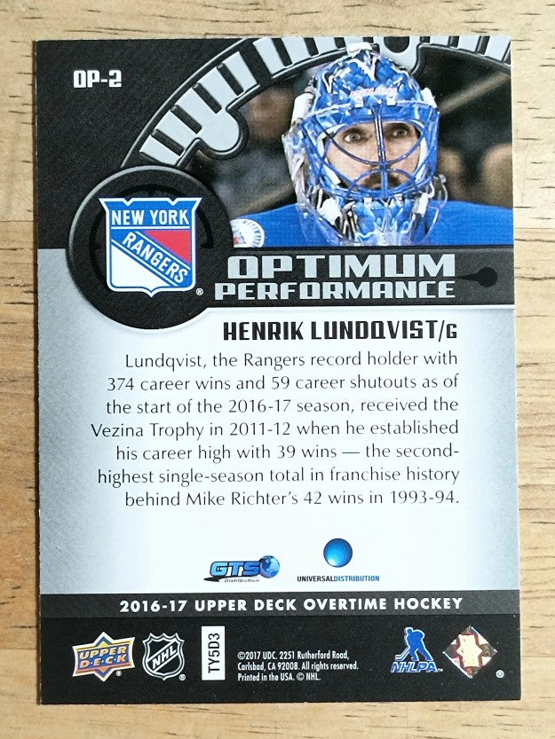 2016-17 Upper Deck Overtime Optimum Performance #OP2 Henrik Lundqvist