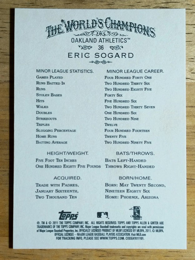 2011 Topps Allen and Ginter #36 Eric Sogard RC