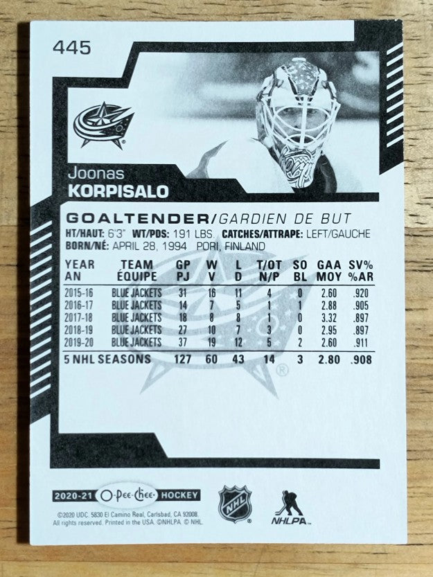 2020-21 O-Pee-Chee #445 Joonas Korpisalo