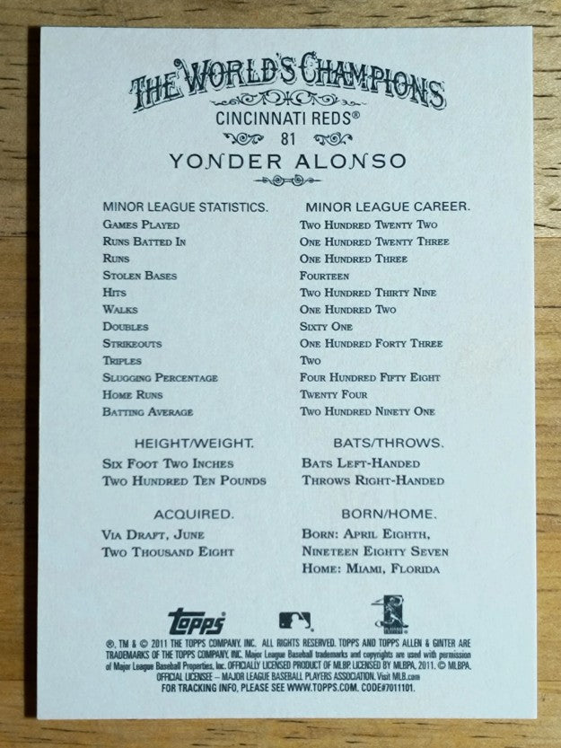 2011 Topps Allen and Ginter #81 Yonder Alonso RC