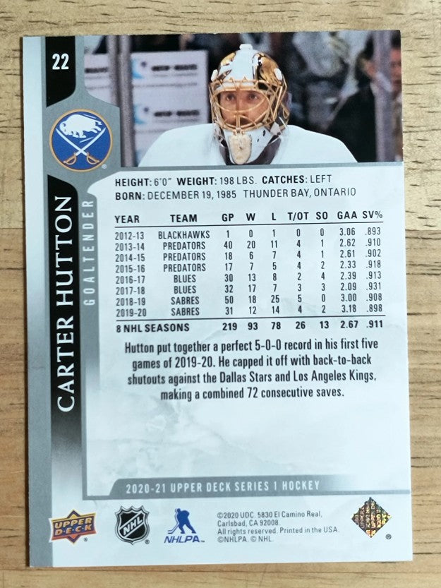 2020-21 Upper Deck #22 Carter Hutton