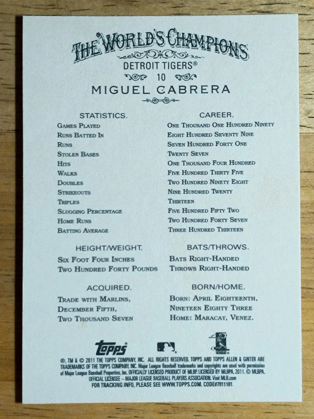 2011 Topps Allen and Ginter #10 Miguel Cabrera