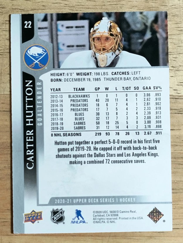 2020-21 Upper Deck #22 Carter Hutton