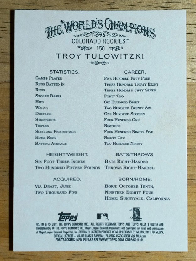 2011 Topps Allen and Ginter #150 Troy Tulowitzki
