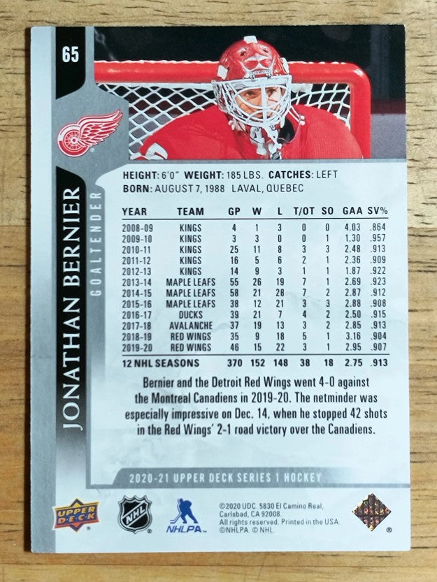 2020-21 Upper Deck #65 Jonathan Bernier