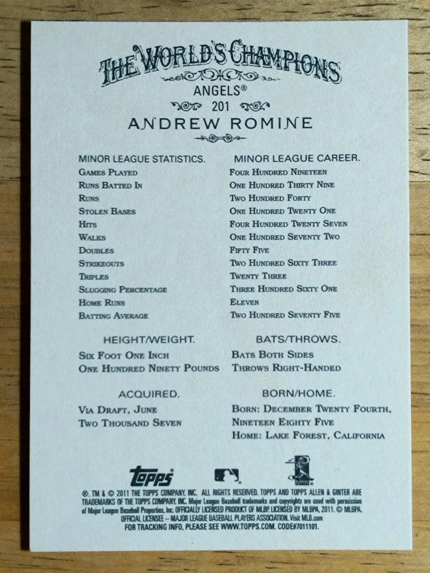 2011 Topps Allen and Ginter #201 Andrew Romine RC