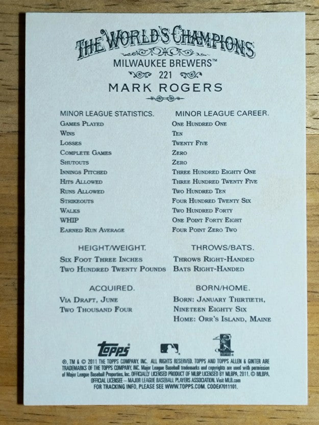 2011 Topps Allen and Ginter #221 Mark Rogers