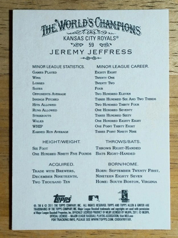 2011 Topps Allen and Ginter Code Cards #59 Jeremy Jeffress